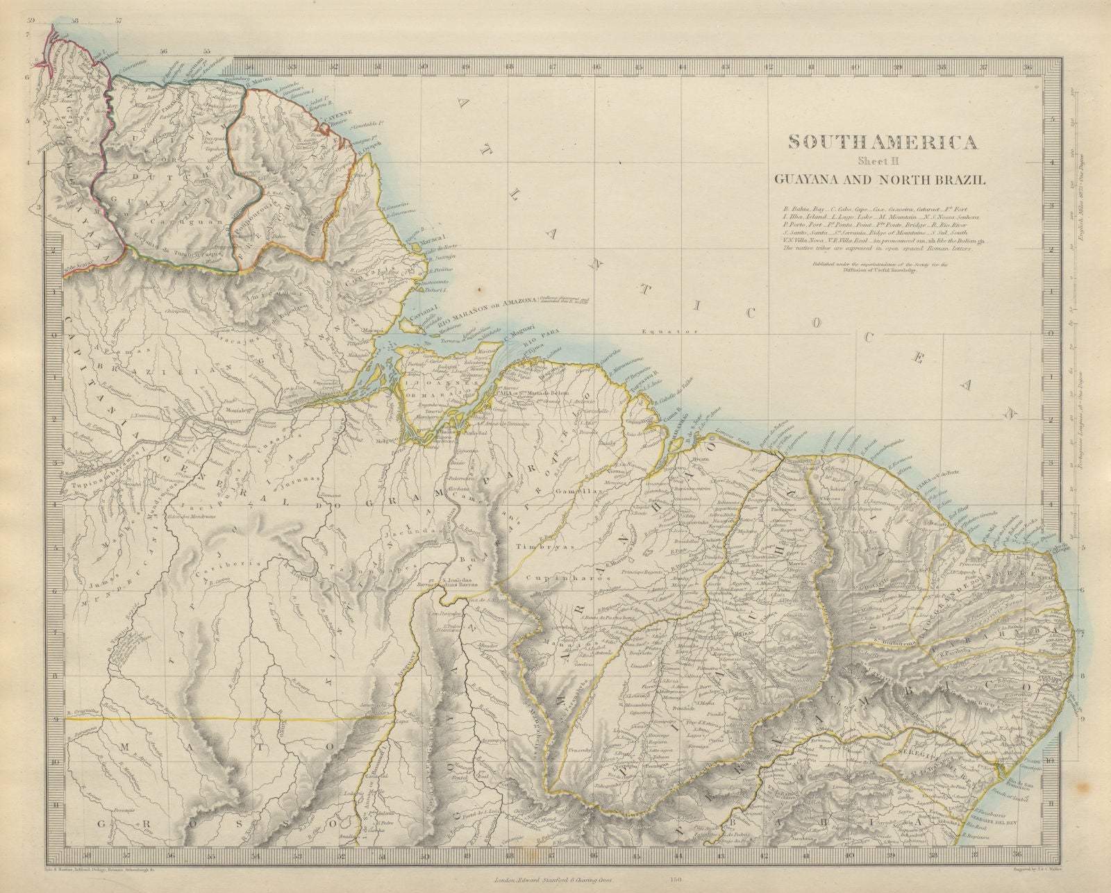 AMAZONIA showing Indian tribes. Guyana, Surinam & Northern Brazil. SDUK 1874 map